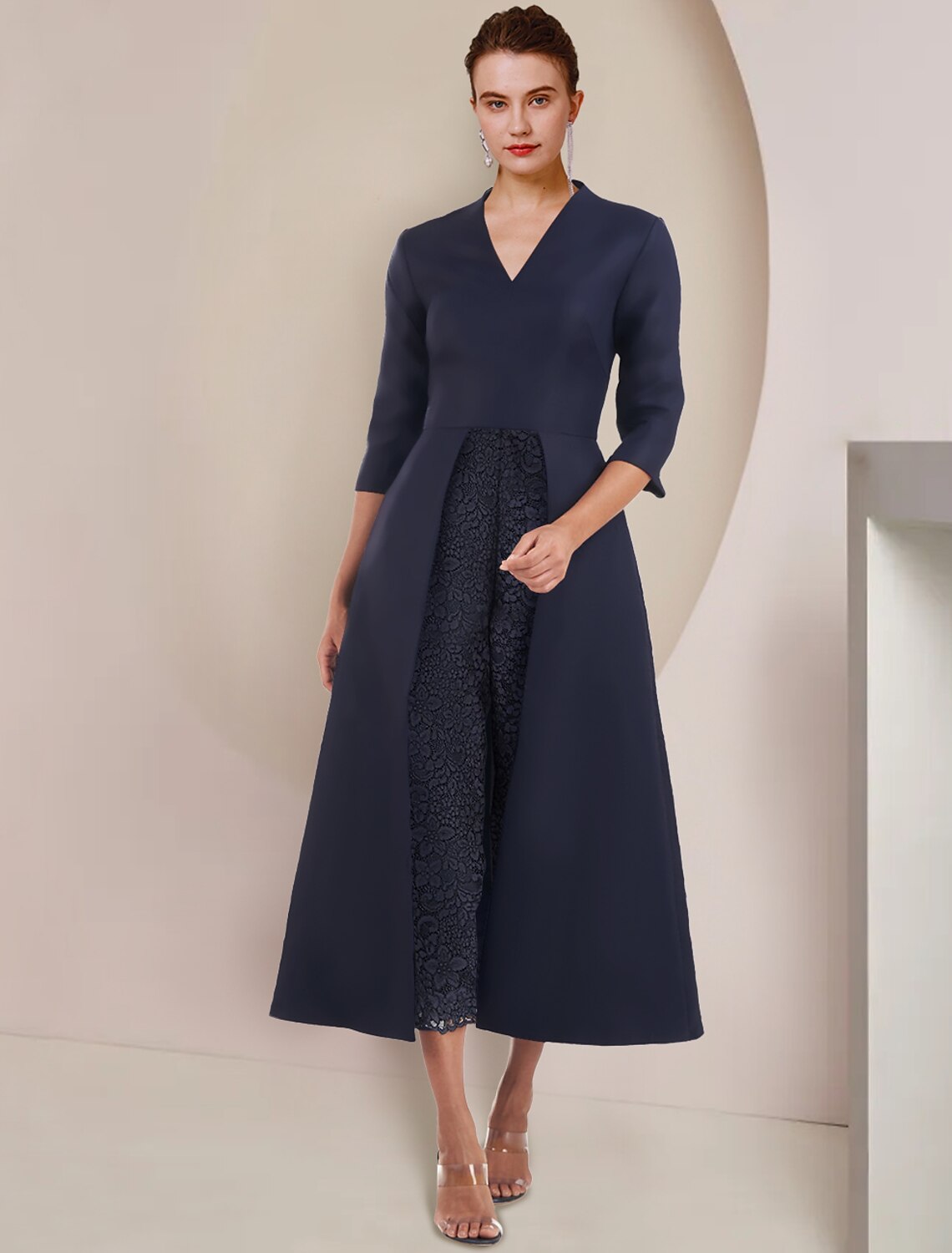 Jumpsuit/Hosenanzug, Kleid für die Mutter der Braut, Hochzeitsgast, Party, elegant, V-Ausschnitt, knielang, Taft, 3/4-Ärmel, einfarbig